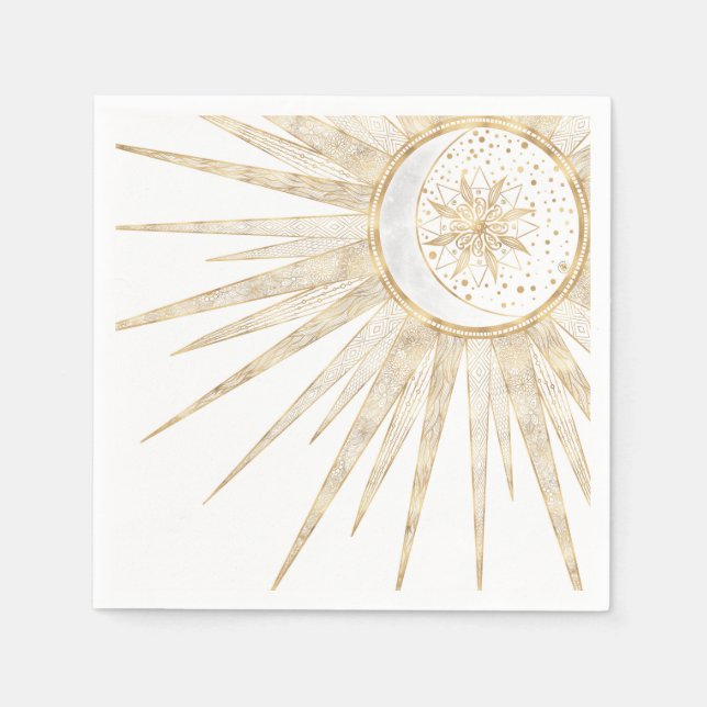 Serviette En Papier Elegant Gold Doodles Sun Moon Mandala Design (Devant)