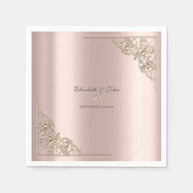 Serviette En Papier Elegant Gold Hearts Rose Gold Wedding  (Devant)