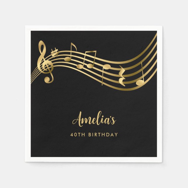 Serviette En Papier Elegant Gold Music Notes 40th Birthday Black (Devant)