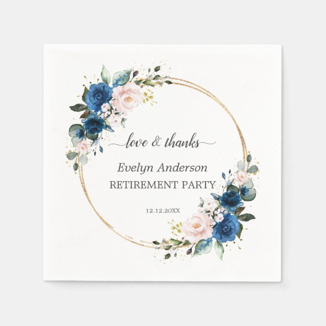 Serviette En Papier Elégant Gold Navy Blue Rose Fleurs Retraite (Devant)