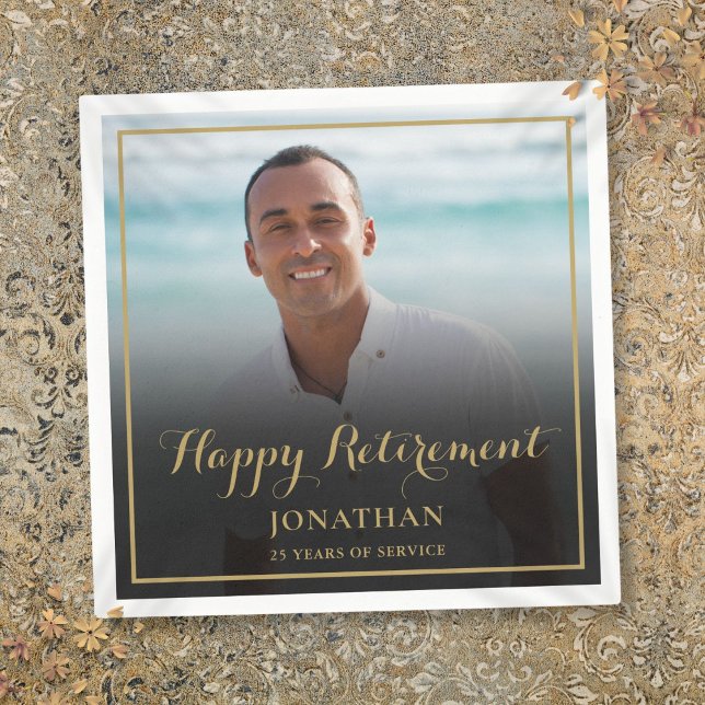 Serviette En Papier Elégant Gold Script Retraite Party Photo (Elegant Gold Script Retirement Party Photo Napkins)