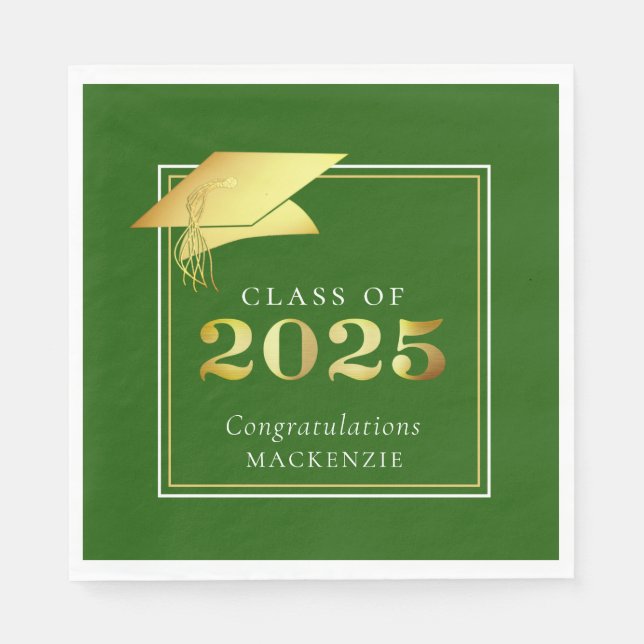 Serviette En Papier Élégant Graduation 2025 Green Metallic Gold (Devant)