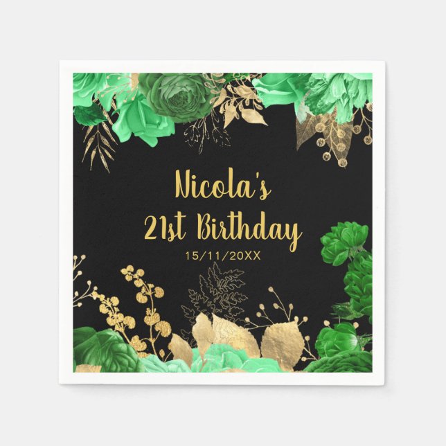 Serviette En Papier Elegant Green and Gold Flowers Birthday Party (Devant)