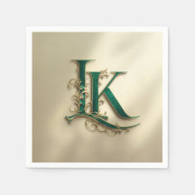 Elegant Green & Gold Monogram “K” Paper Napkins