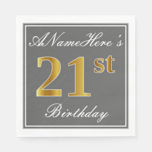 Serviette En Papier Elégant Grey, Faux Gold 21e anniversaire; Nom pers