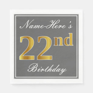Serviette En Papier Elégant Grey, Faux Gold 22e anniversaire; Nom pers