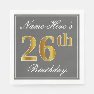 Serviette En Papier Elégant Grey, Faux Gold 26e anniversaire; Nom pers