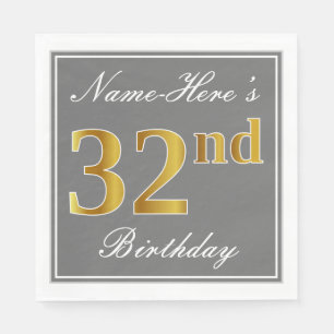Serviette En Papier Elégant Grey, Faux Gold 32e anniversaire; Nom pers