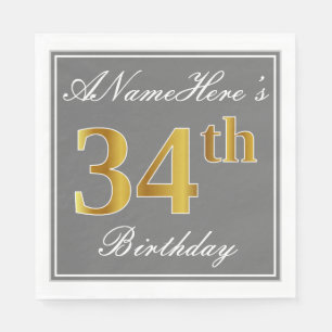 Serviette En Papier Elégant Grey, Faux Gold 34e anniversaire; Nom pers