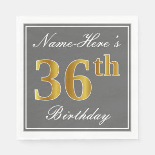 Serviette En Papier Elégant Grey, Faux Gold 36e anniversaire; Nom pers