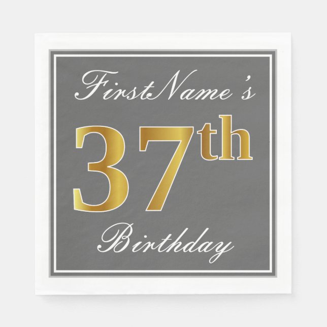Serviette En Papier Elégant Grey, Faux Gold 37e anniversaire; Nom pers (Devant)