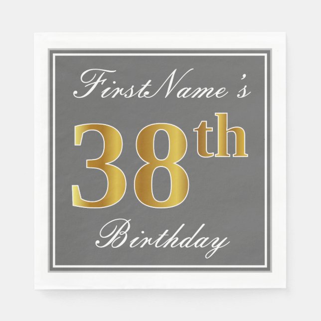 Serviette En Papier Elégant Grey, Faux Gold 38e anniversaire; Nom pers (Devant)