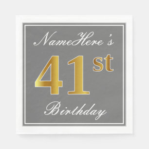 Serviette En Papier Elégant Grey, Faux Gold 41e anniversaire; Nom pers