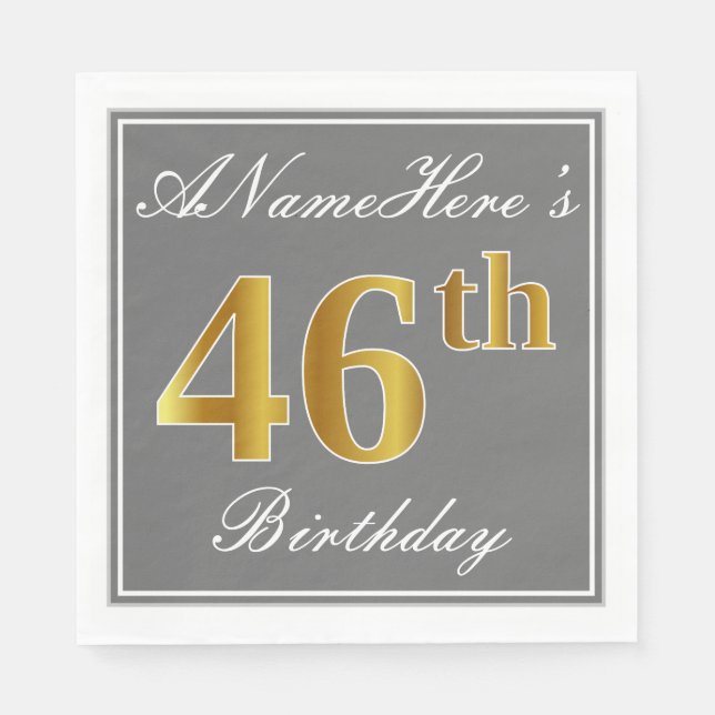 Serviette En Papier Elégant Grey, Faux Gold 46e anniversaire; Nom pers (Devant)