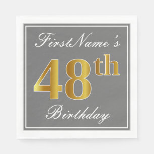 Serviette En Papier Elégant Grey, Faux Gold 48e anniversaire; Nom pers