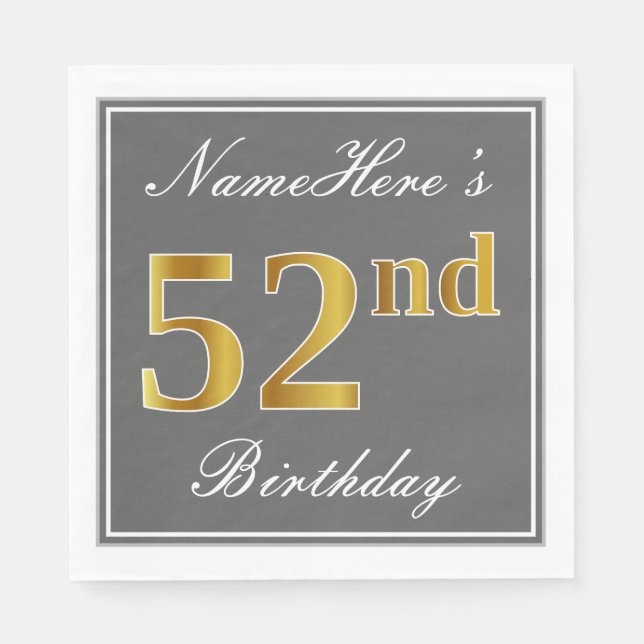 Serviette En Papier Elégant Grey, Faux Gold 52e anniversaire; Nom pers (Devant)