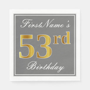 Serviette En Papier Elégant Grey, Faux Gold 53e anniversaire; Nom pers
