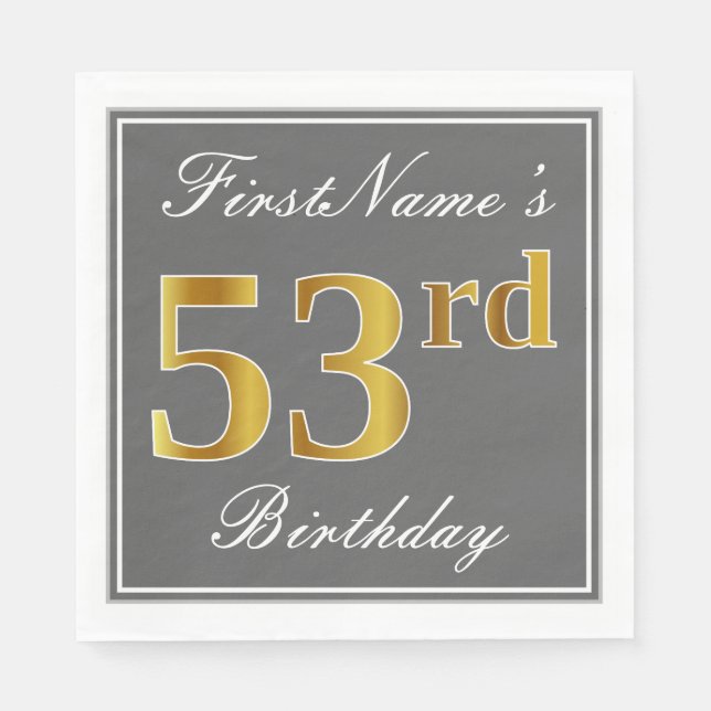 Serviette En Papier Elégant Grey, Faux Gold 53e anniversaire; Nom pers (Devant)