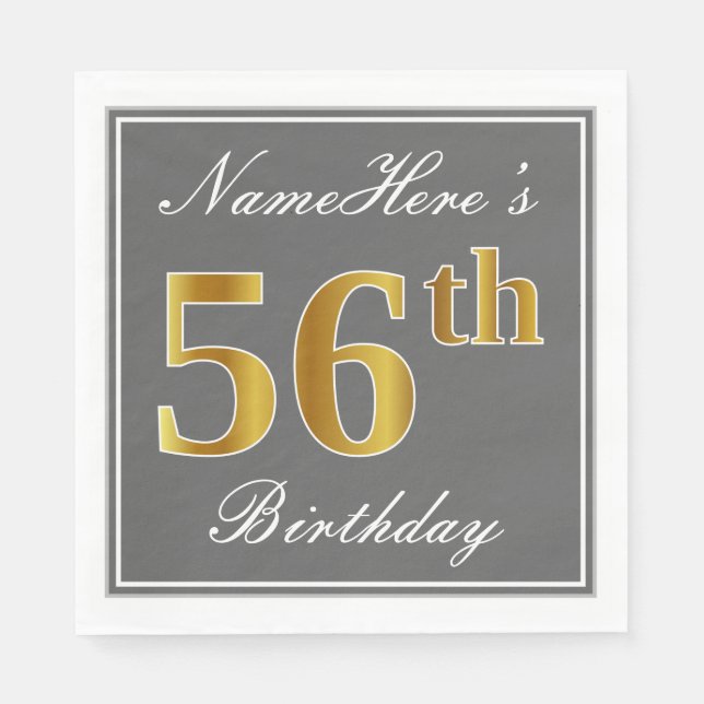 Serviette En Papier Elégant Grey, Faux Gold 56e anniversaire; Nom pers (Devant)