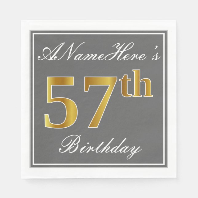 Serviette En Papier Elégant Grey, Faux Gold 57e anniversaire; Nom pers (Devant)