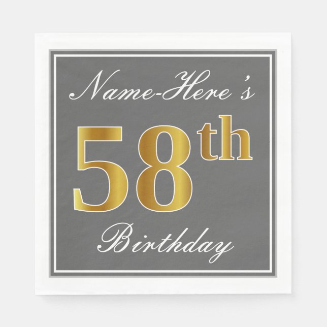 Serviette En Papier Elégant Grey, Faux Gold 58e anniversaire; Nom pers (Devant)