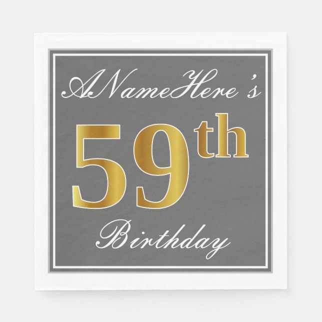 Serviette En Papier Elégant Grey, Faux Gold 59e anniversaire; Nom pers (Devant)