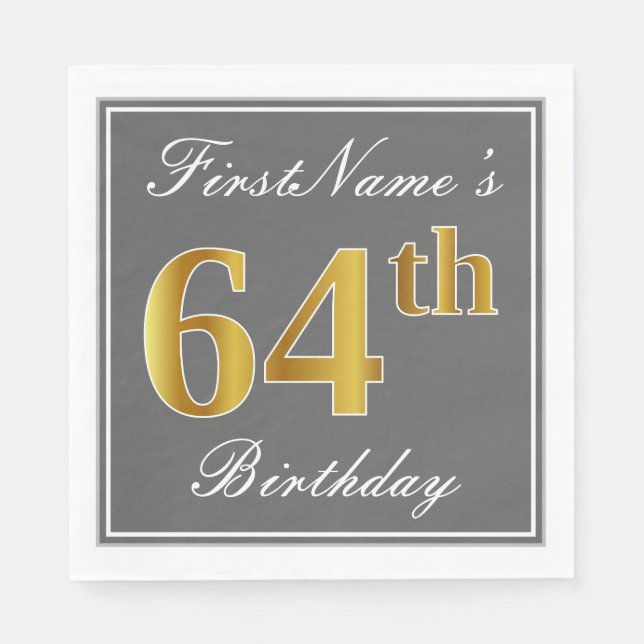 Serviette En Papier Elégant Grey, Faux Gold 64e anniversaire; Nom pers (Devant)