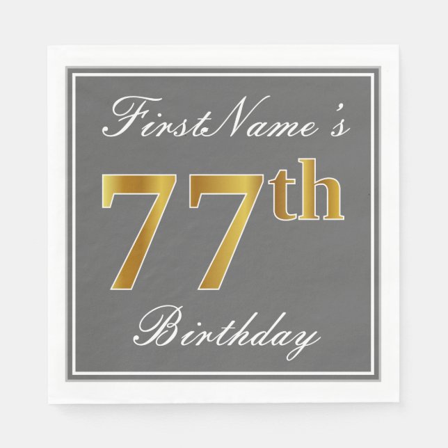 Serviette En Papier Elégant Grey, Faux Gold 77e anniversaire; Nom pers (Devant)