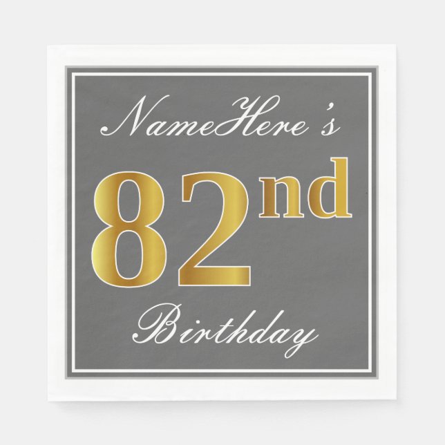Serviette En Papier Elégant Grey, Faux Gold 82e anniversaire; Nom pers (Devant)