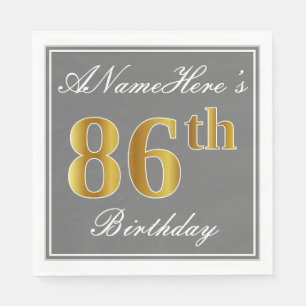 Serviette En Papier Elégant Grey, Faux Gold 86e anniversaire; Nom pers