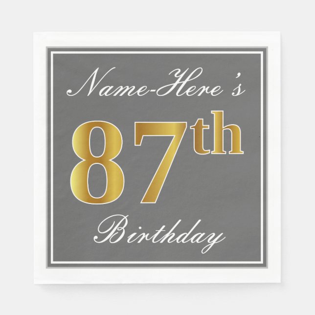 Serviette En Papier Elégant Grey, Faux Gold 87e anniversaire; Nom pers (Devant)