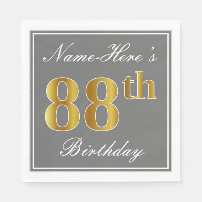 Serviette En Papier Elégant Grey, Faux Gold 88e anniversaire; Nom pers (Devant)