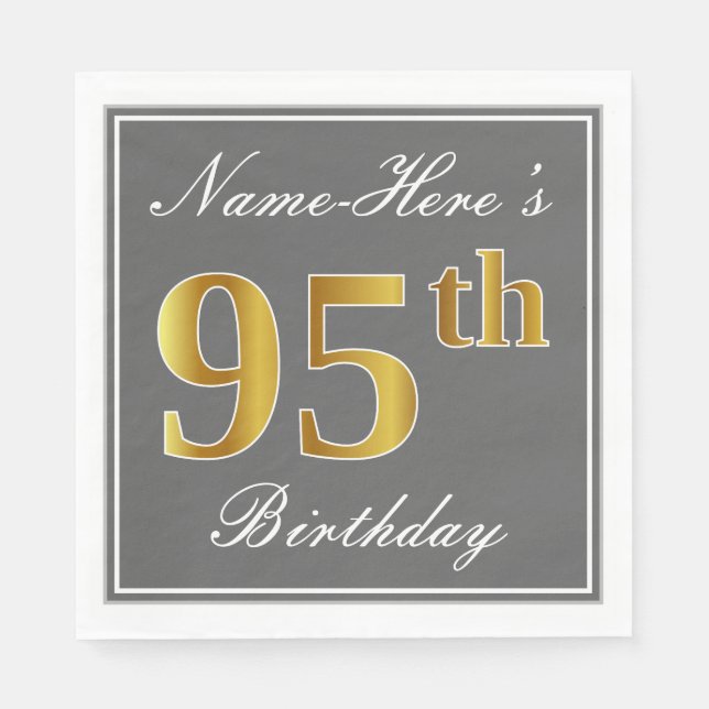 Serviette En Papier Elégant Grey, Faux Gold 95e anniversaire; Nom pers (Devant)