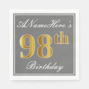 Serviette En Papier Elégant Grey, Faux Gold 98e anniversaire; Nom pers
