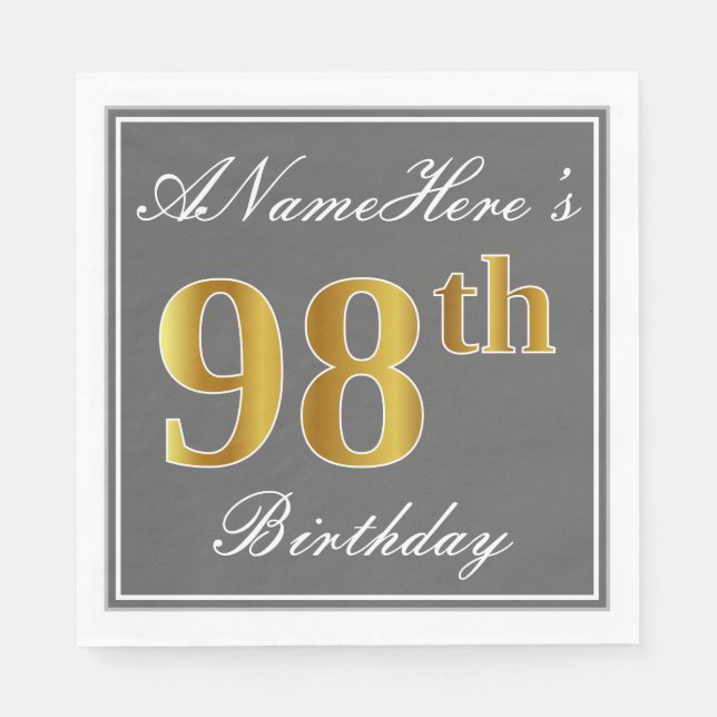 Serviette En Papier Elégant Grey, Faux Gold 98e anniversaire; Nom pers (Devant)