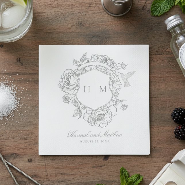 Serviette En Papier Elégant Gris Chinoiserie Bird Crest Mariage (Créateur téléchargé)