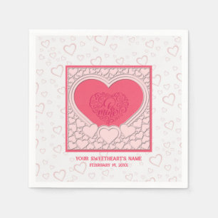 Serviette En Papier Élégant Heureuse Sainte-Valentin de coeur rose élé