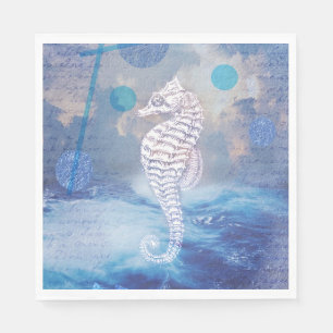 Serviette En Papier Élégant hippocampe vintage vagues de l'océan bleu