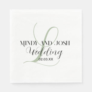 Serviette En Papier Élégant Initiale Vert Sage Mariage Script