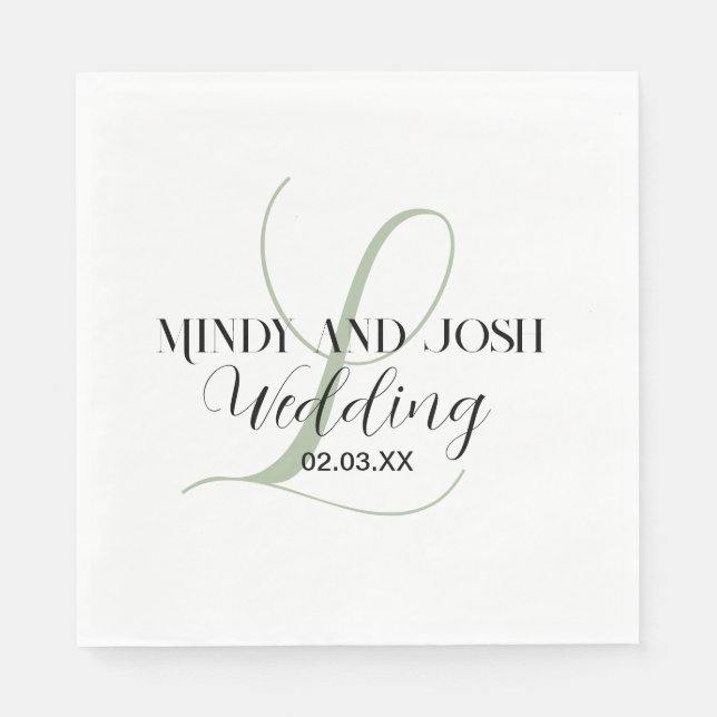 Serviette En Papier Élégant Initiale Vert Sage Mariage Script (Devant)