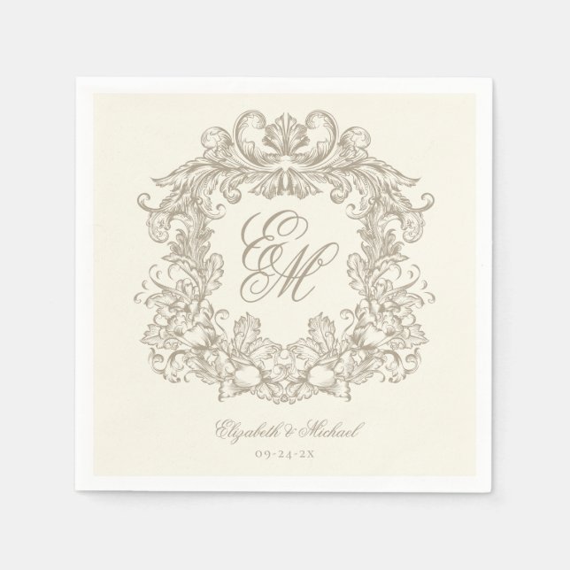 Serviette En Papier Elegant Ivory Monogram Crest Script Wedding (Devant)