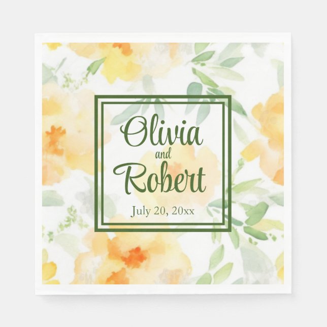 Serviette En Papier Elégant jaune pêche orange aquarelle fleurie (Devant)