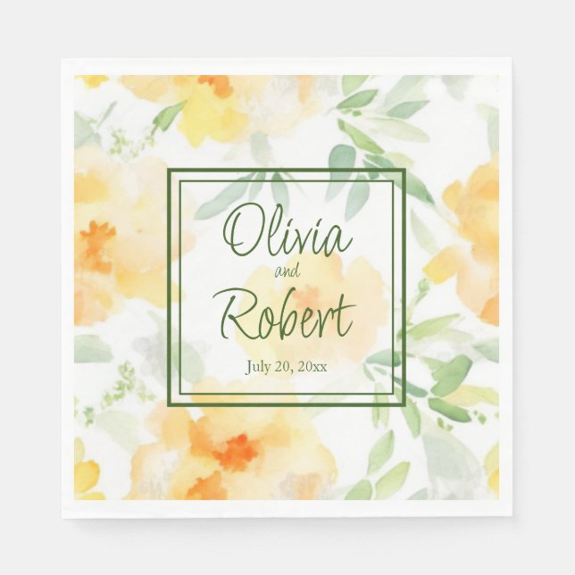 Serviette En Papier Elégant jaune pêche orange aquarelle fleurie (Devant)