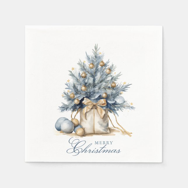 Serviette En Papier Elégant Joyeux Arbre de Noël Or bleu Aquarelle (Devant)