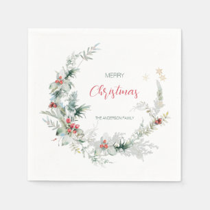 Serviette En Papier Elégant Joyeux Noël demi-couronne d'aquarelle
