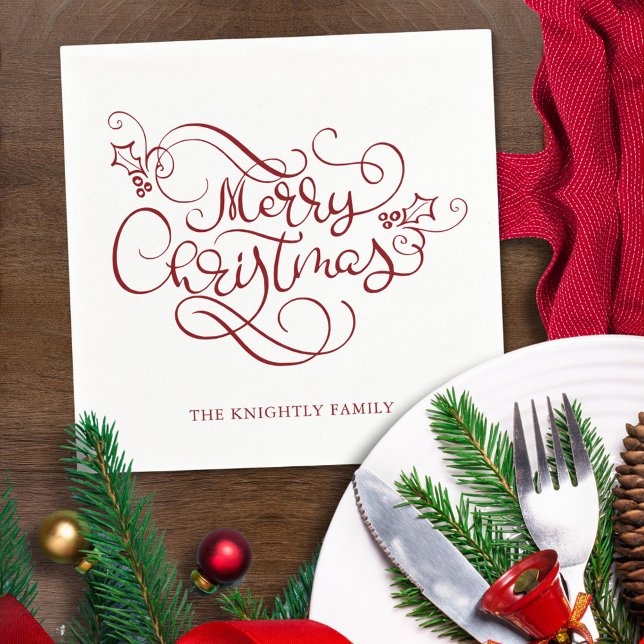 Serviette En Papier Élégant Joyeux Noël Fancy Script Rouge (Créateur téléchargé)