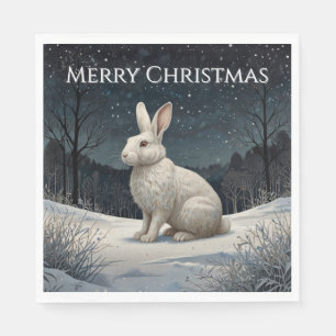 Serviette En Papier Elégant lapin blanc Noël forêt enneigée