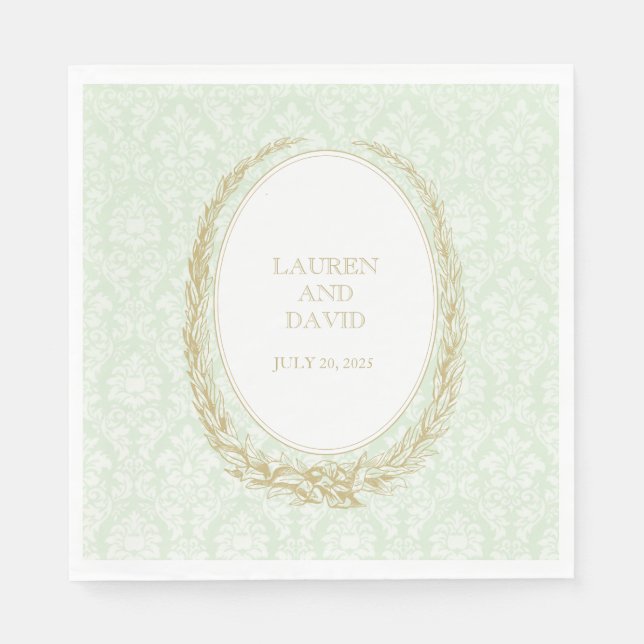 Serviette En Papier Elegant Laurel Wreath | Damas vert (Devant)