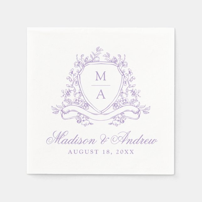 Serviette En Papier Élégant Lavande Floral Crest Mariage (Devant)