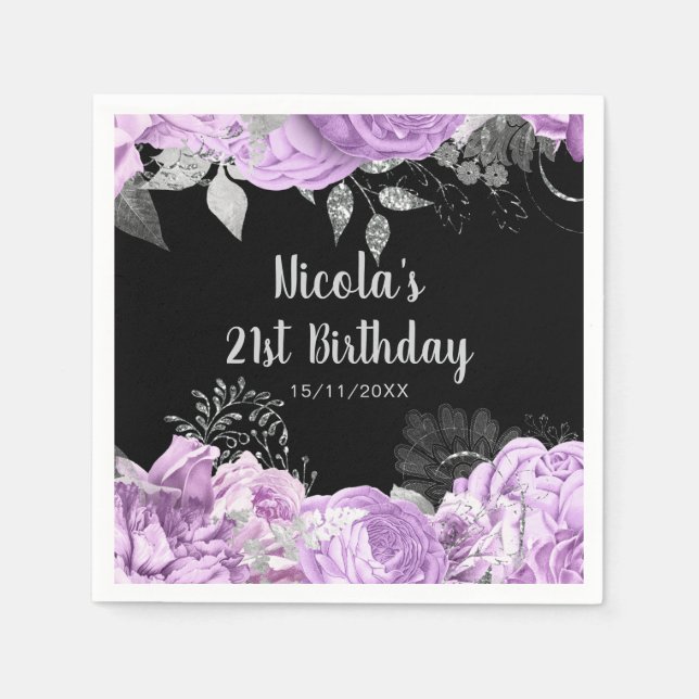 Serviette En Papier Elegant Lilac and Silver Flowers Birthday Party  (Devant)